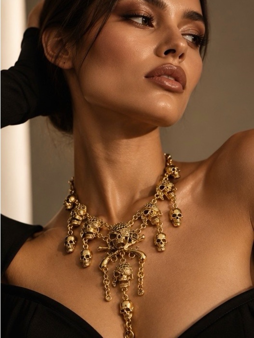 Gothic Gold Skull Charm Necklace Halloween Couture Jewelry